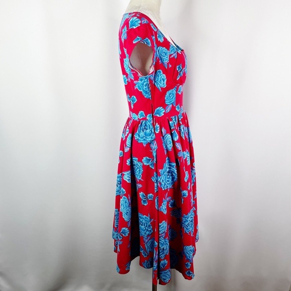 Pinup Couture Evelyn Cocktail Dress Large Red Blue Rose Floral Jacket Shrug 2pc - Picture 9 of 11